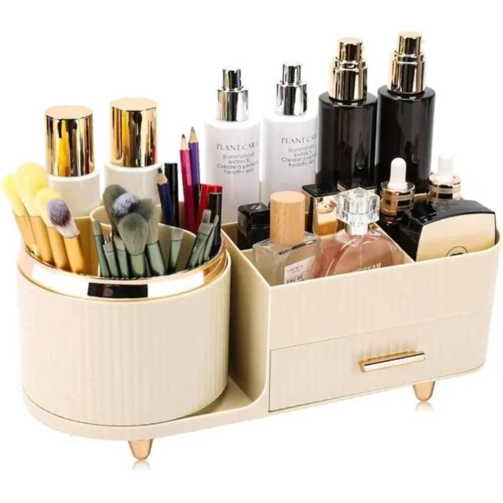New 360° Rotating Makeup Organizer, Large Rice White Vanity Storage with Drawers